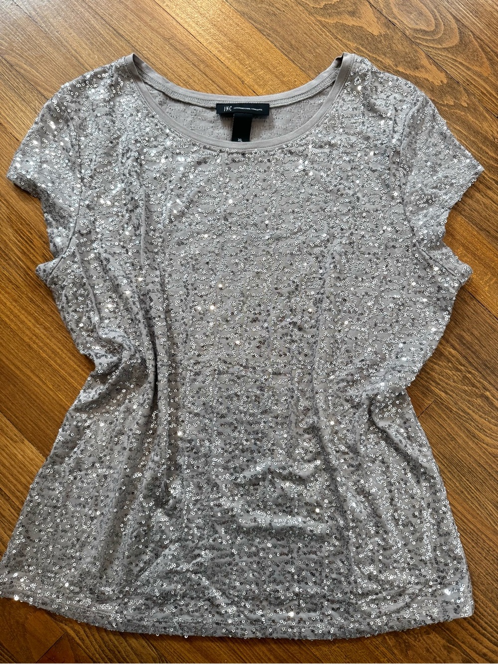 INC International Concepts Silver Sequin Short Sleeve Scoop Neck Tee